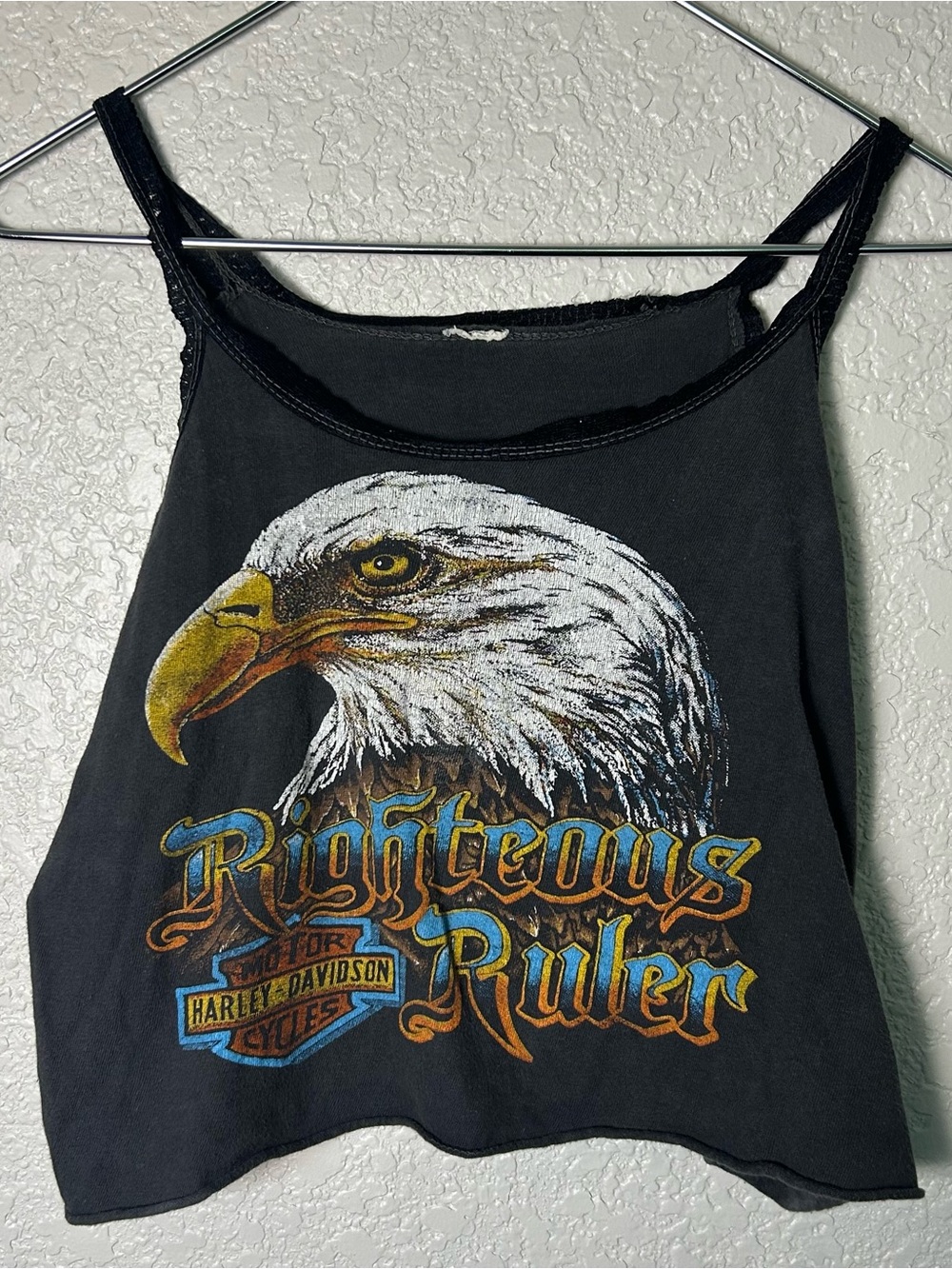 Vintage 1980s Harley Davidson Eagle Graphic Cropped Tank Top - Faded Black